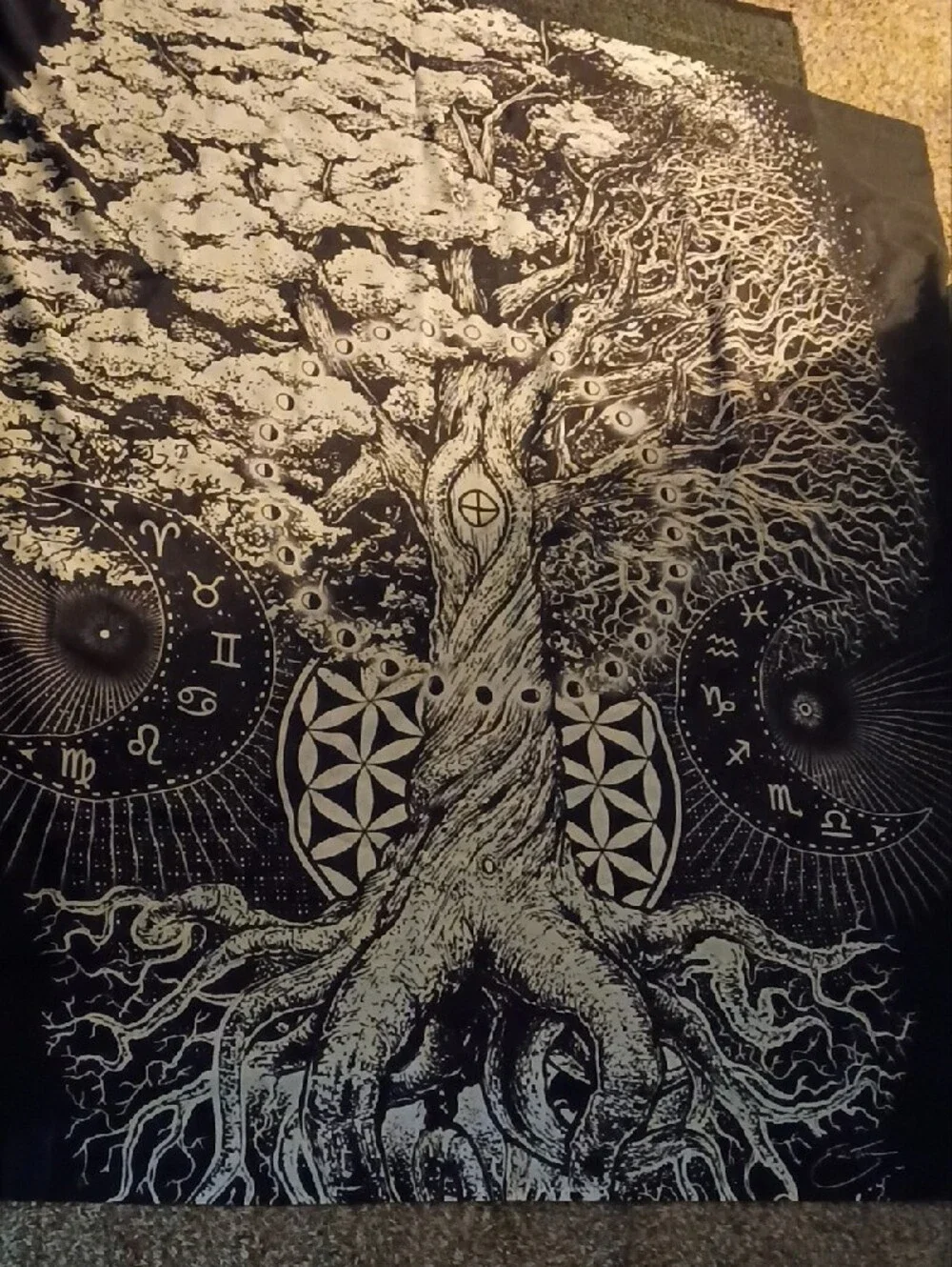 Black & White Tree of Life Shower Curtain with Zodiac Motifs